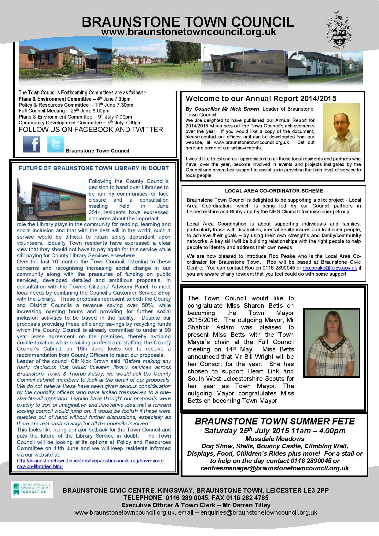 The Town Council article from the May 2015 issue of the Braunstone Life