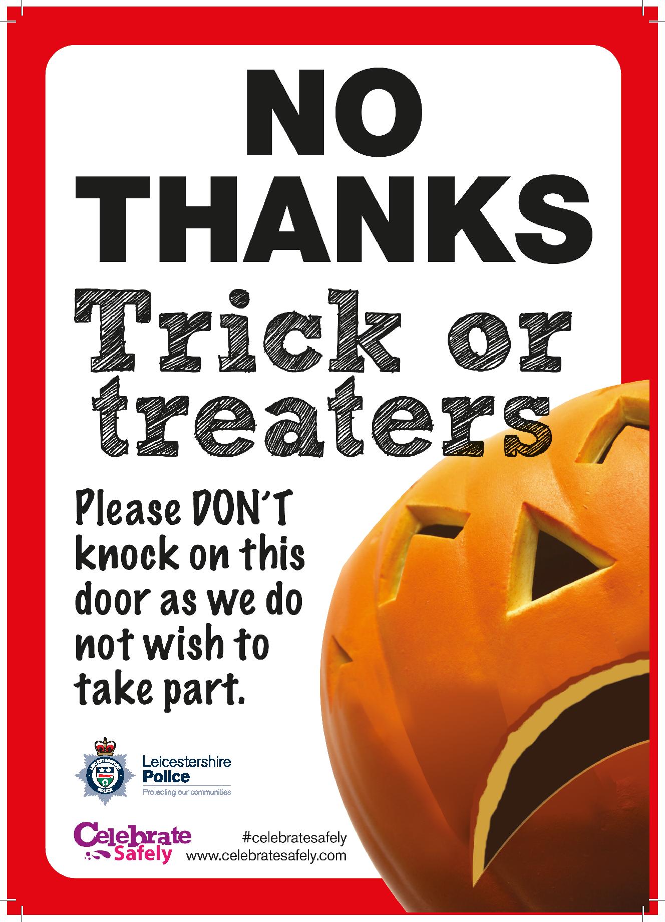 Poster reading 'No thanks Trick or treaters'