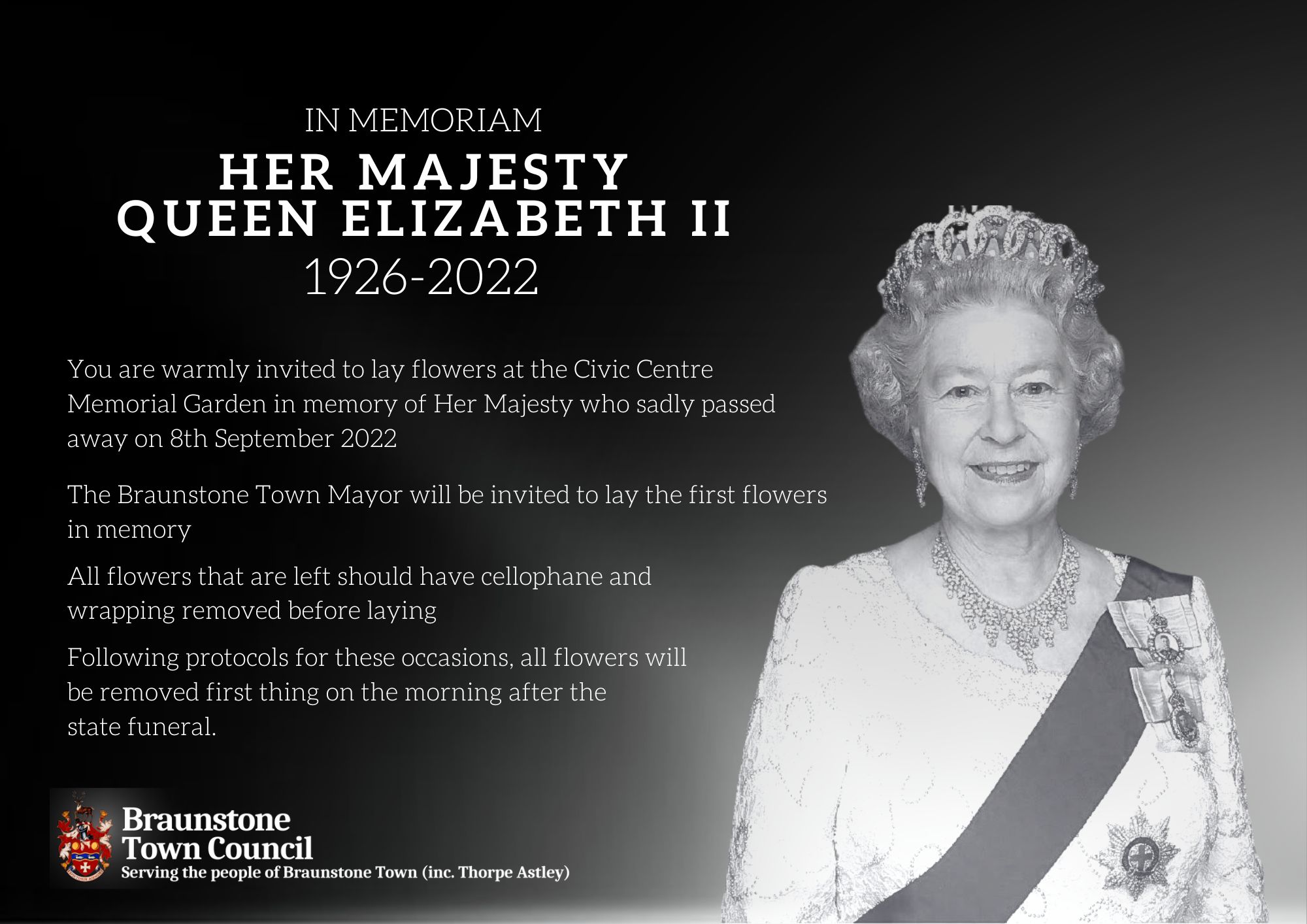 Tribute from the Town Mayor to HM Queen Elizabeth II Facebook Cover 42 29.7cm