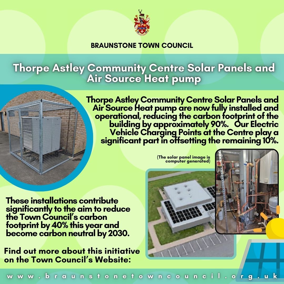 Thorpe Astley Community Centre Solar Panels and Air Source Heat pump and now fully installed and operational reducing the carbon footprint of the building by approximately 90. Our Electric Vehic